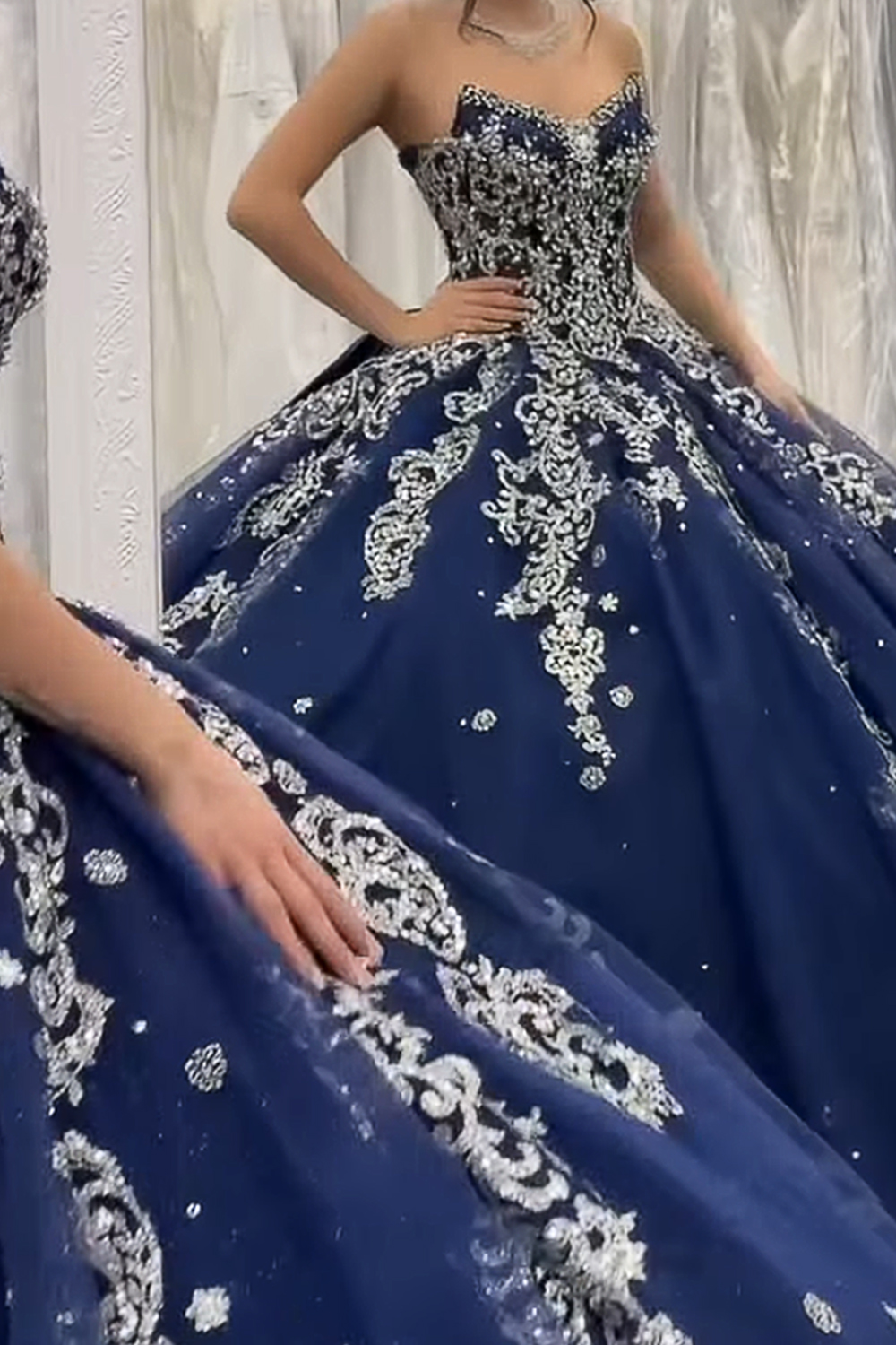 Navy Sparkly Ball Gown Sweetheart Beaded Long Quinceanera Dress