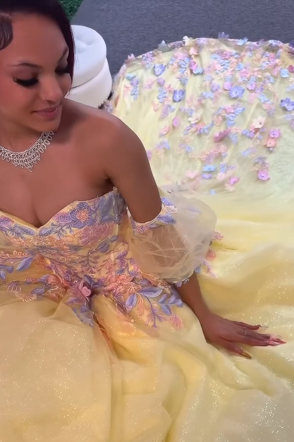 Yellow Sparkly Glitter Sweetheart Floral Long Quinceanera Dress