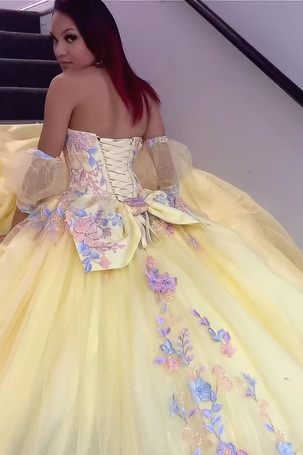 Yellow Sparkly Glitter Sweetheart Floral Long Quinceanera Dress