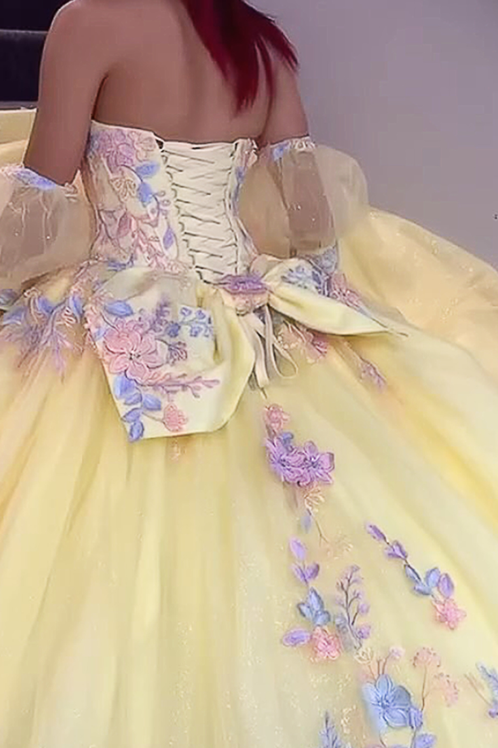 Yellow Sparkly Glitter Sweetheart Floral Long Quinceanera Dress