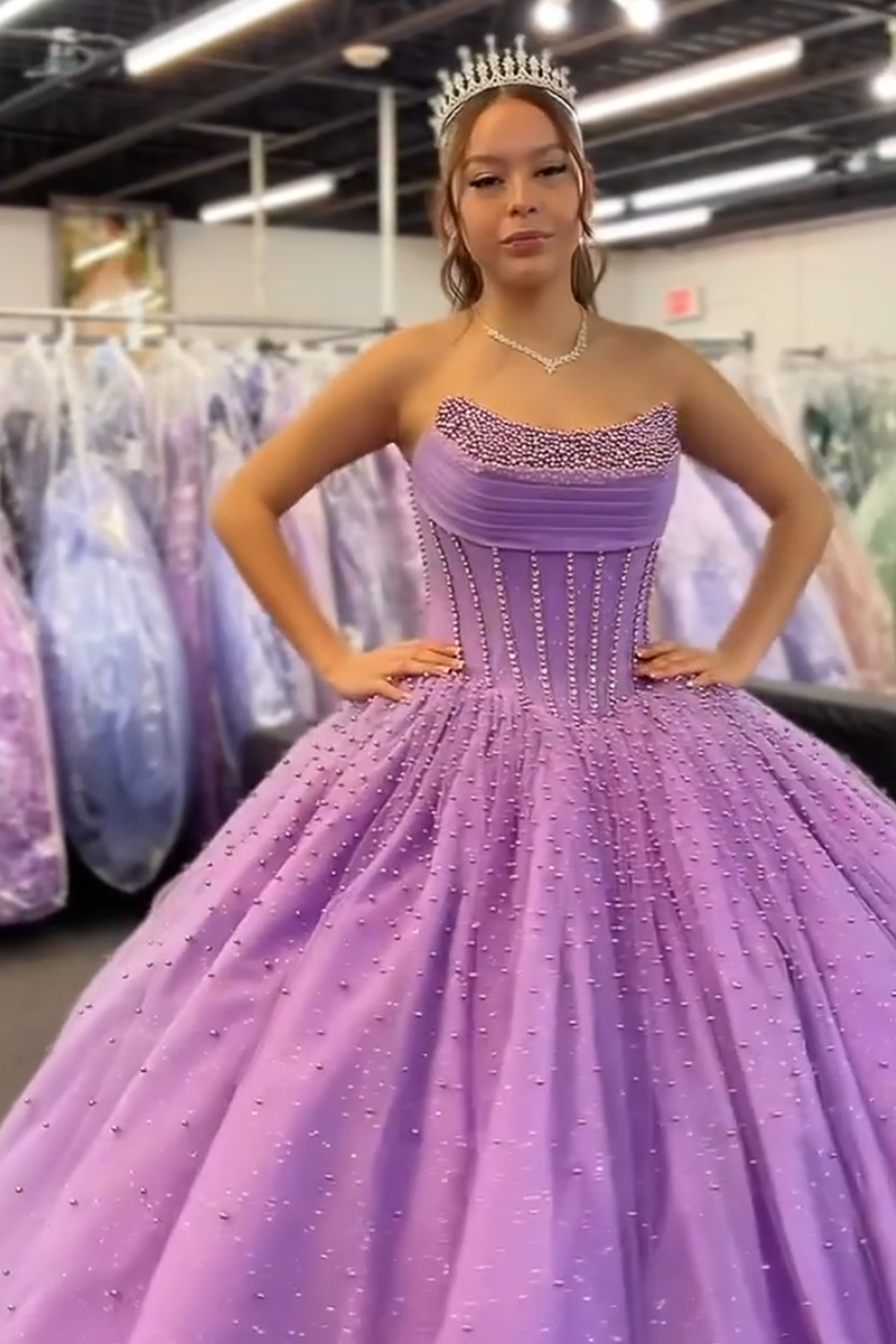 Lilac Corset Ball Gown Strapless Long Quinceanera Dress with Pearls