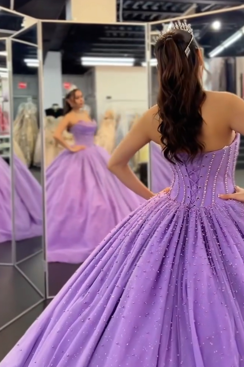 Lilac Corset Ball Gown Strapless Long Quinceanera Dress with Pearls