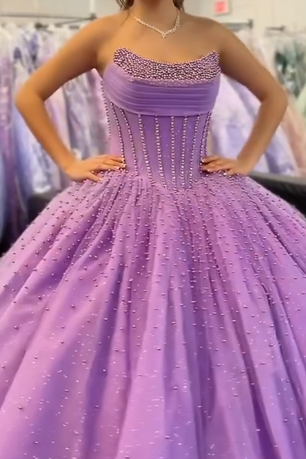 Lilac Corset Ball Gown Strapless Long Quinceanera Dress with Pearls