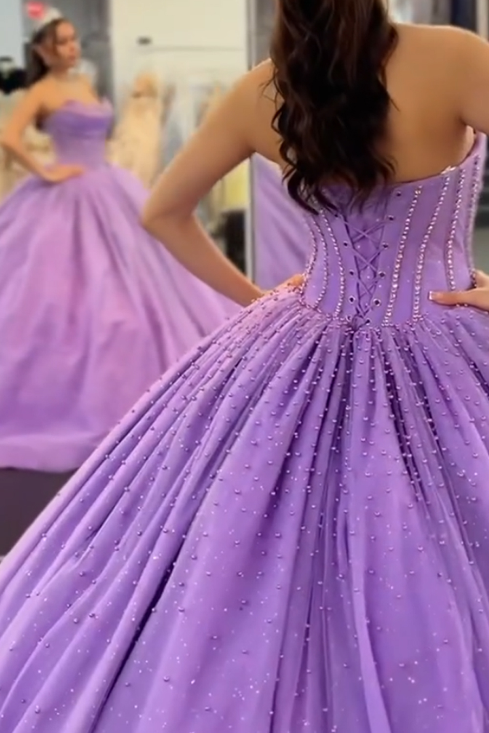 Lilac Corset Ball Gown Strapless Long Quinceanera Dress with Pearls