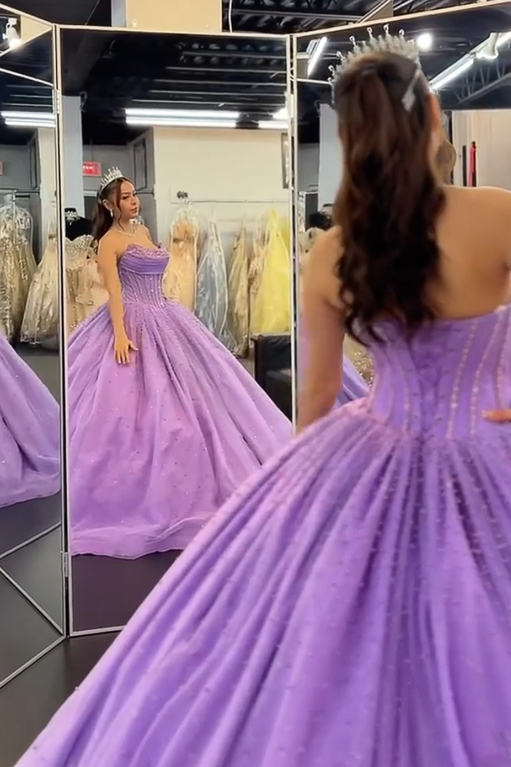 Lilac Corset Ball Gown Strapless Long Quinceanera Dress with Pearls