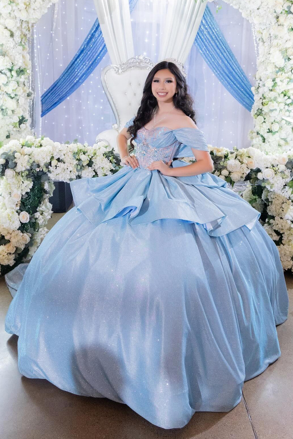 Blue Sparkly Corset Ruffled Glitter Long Quinceanera Dress