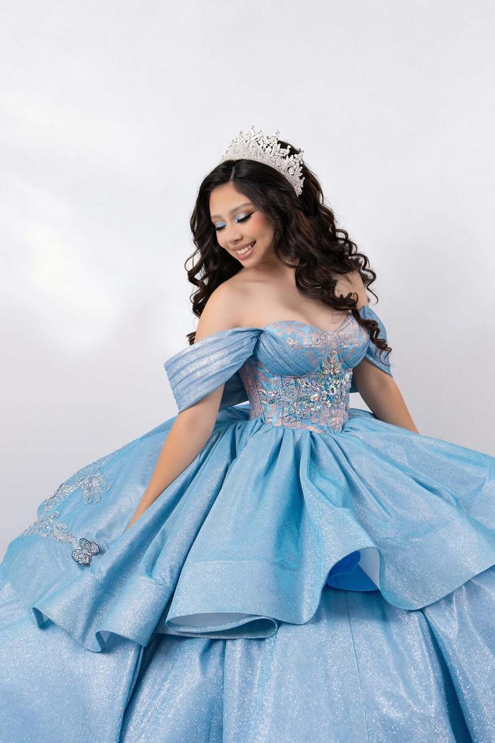 Blue Sparkly Corset Ruffled Glitter Long Quinceanera Dress