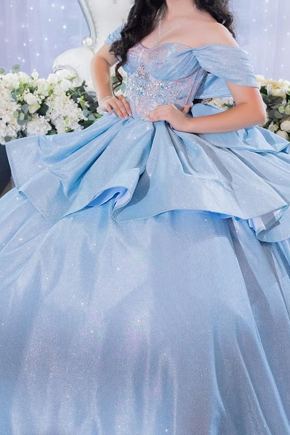 Blue Sparkly Corset Ruffled Glitter Long Quinceanera Dress
