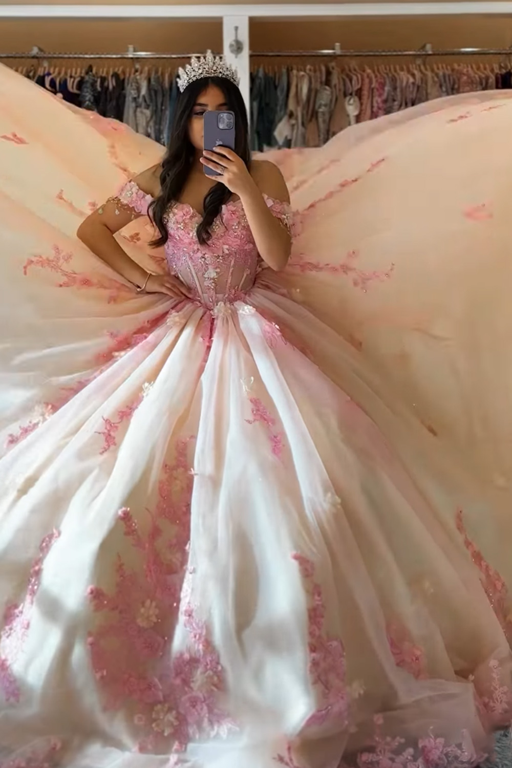 Beige Floral Corset Off the Shoulder Long Quinceanera Dress