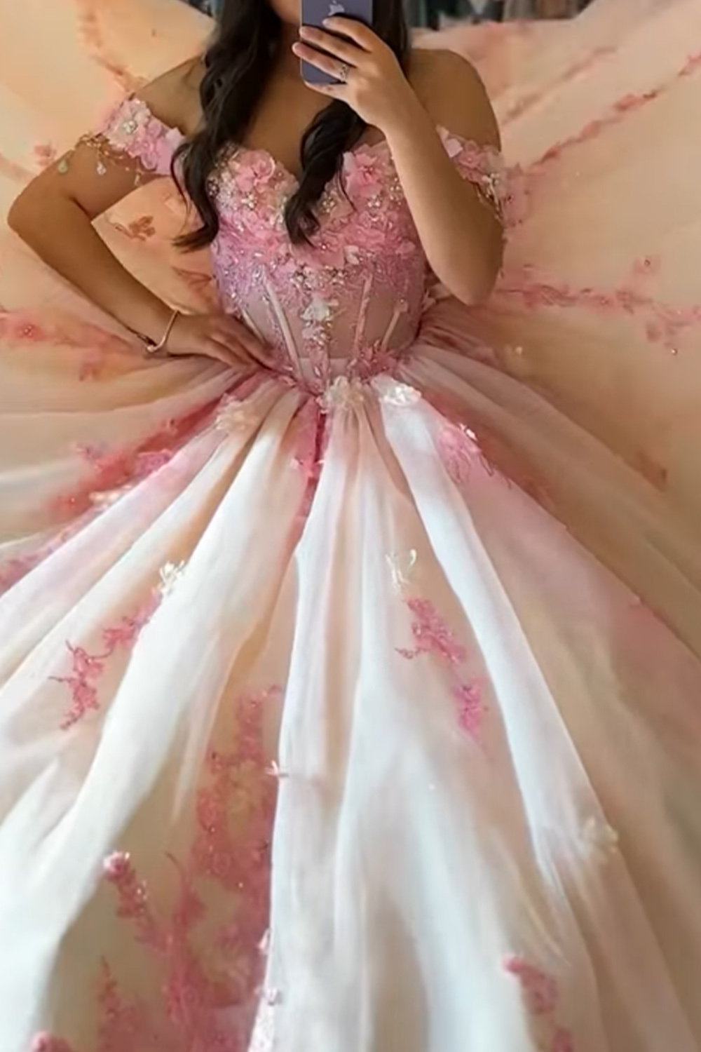 Beige Floral Corset Off the Shoulder Long Quinceanera Dress
