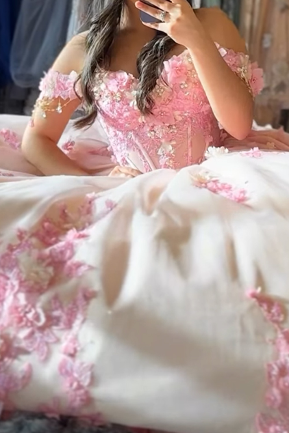 Beige Floral Corset Off the Shoulder Long Quinceanera Dress