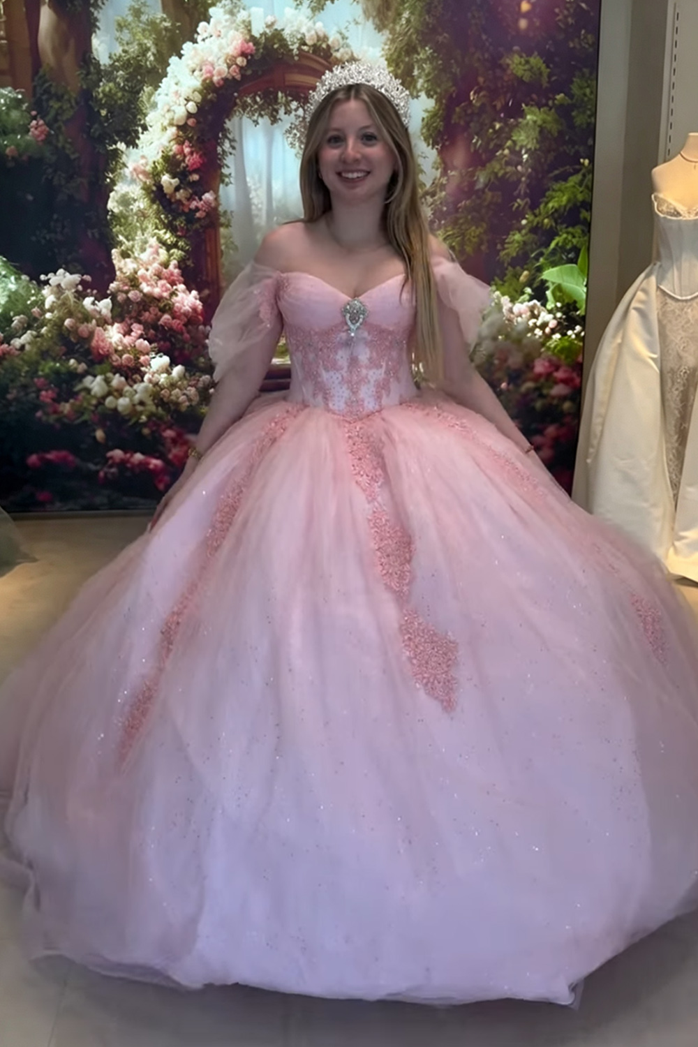 Pink Sparkly Corset Off the Shoulder Ball Gown Long Quinceanera Dress