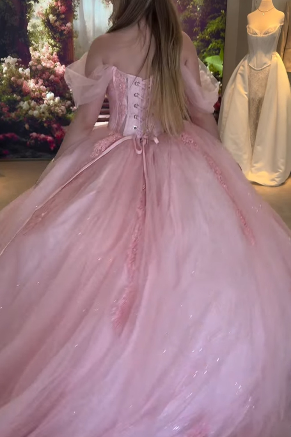 Pink Sparkly Corset Off the Shoulder Ball Gown Long Quinceanera Dress