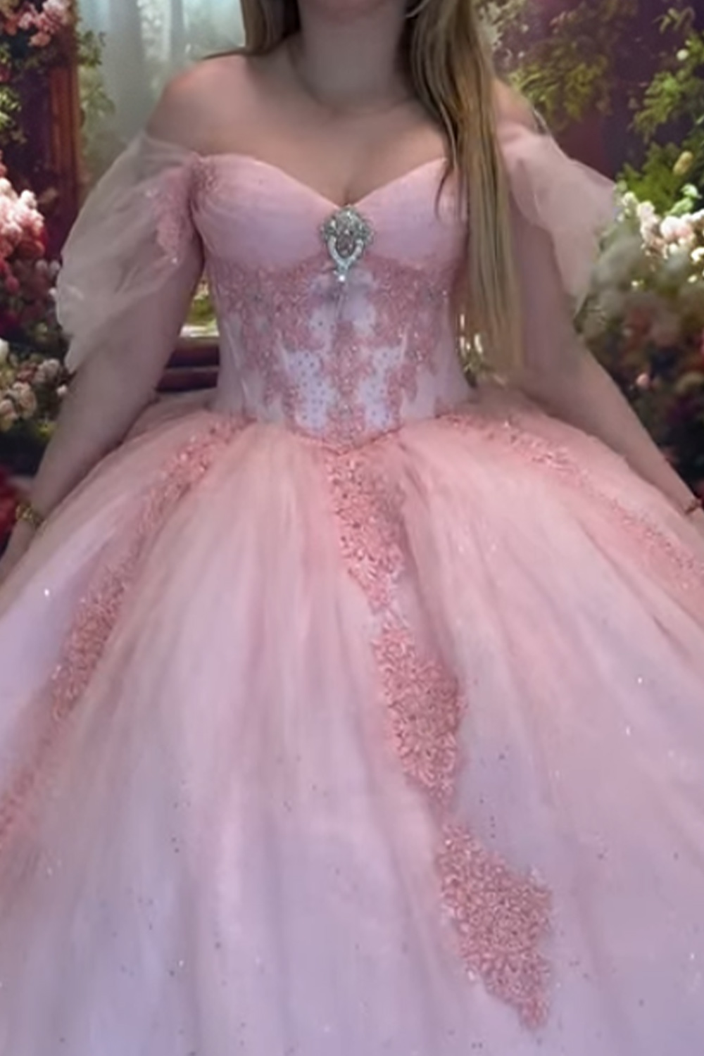 Pink Sparkly Corset Off the Shoulder Ball Gown Long Quinceanera Dress