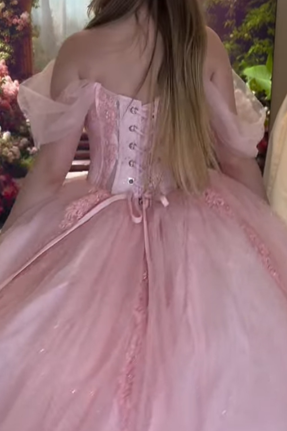 Pink Sparkly Corset Off the Shoulder Ball Gown Long Quinceanera Dress