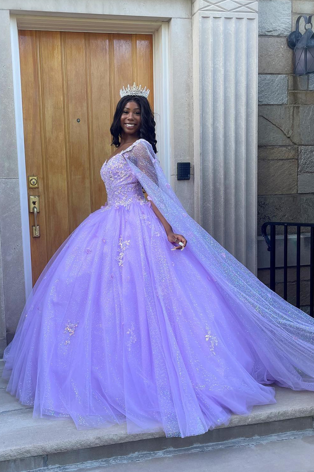Lilac Ball Gown Sparkly Sequin Floral Long Quinceanera Dress with Cape
