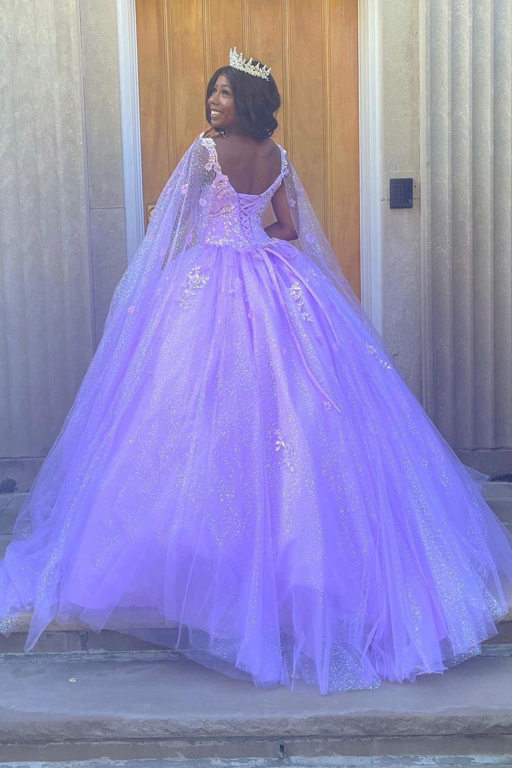 Lilac Ball Gown Sparkly Sequin Floral Long Quinceanera Dress with Cape