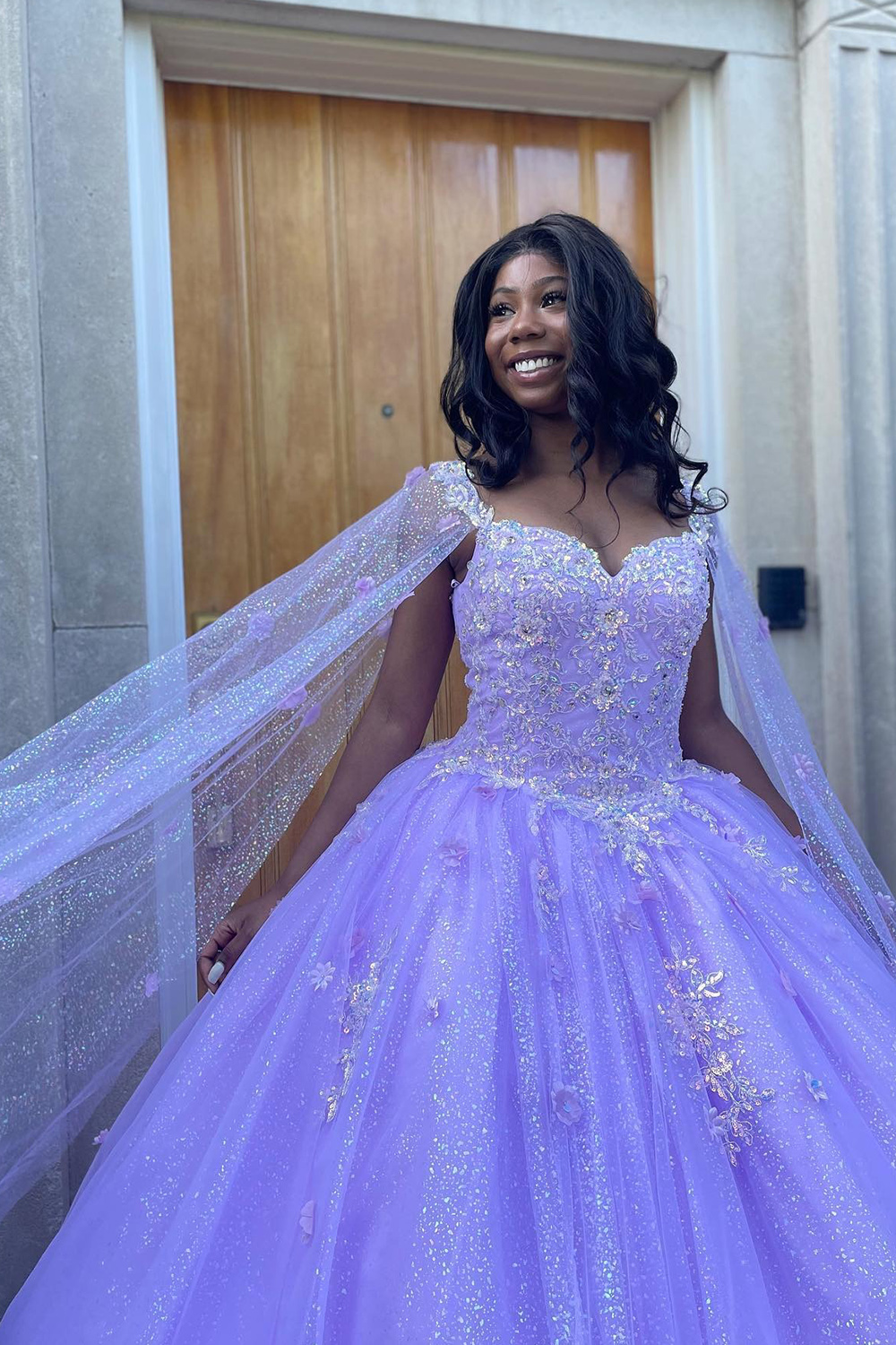 Lilac Ball Gown Sparkly Sequin Floral Long Quinceanera Dress with Cape