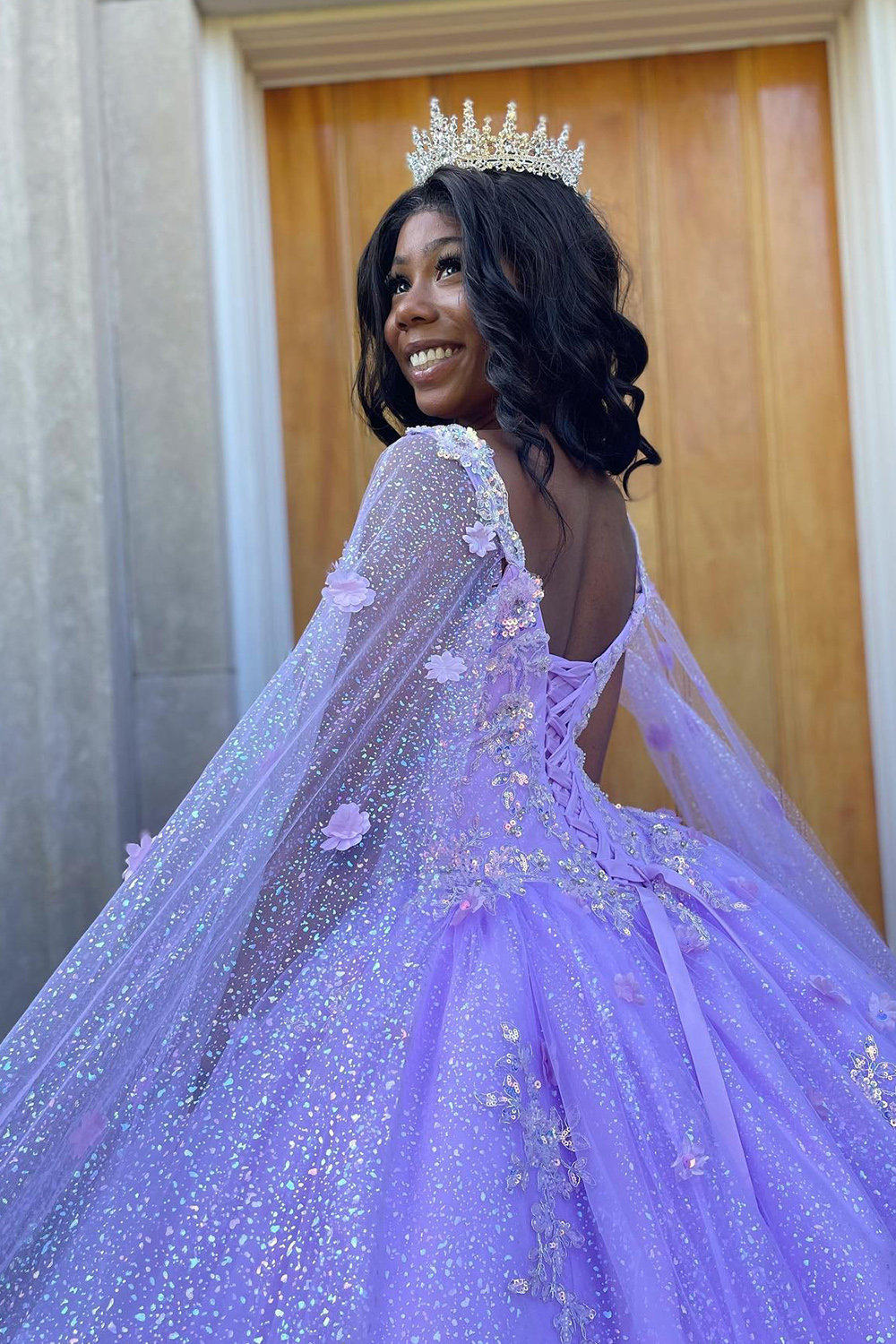 Lilac Ball Gown Sparkly Sequin Floral Long Quinceanera Dress with Cape
