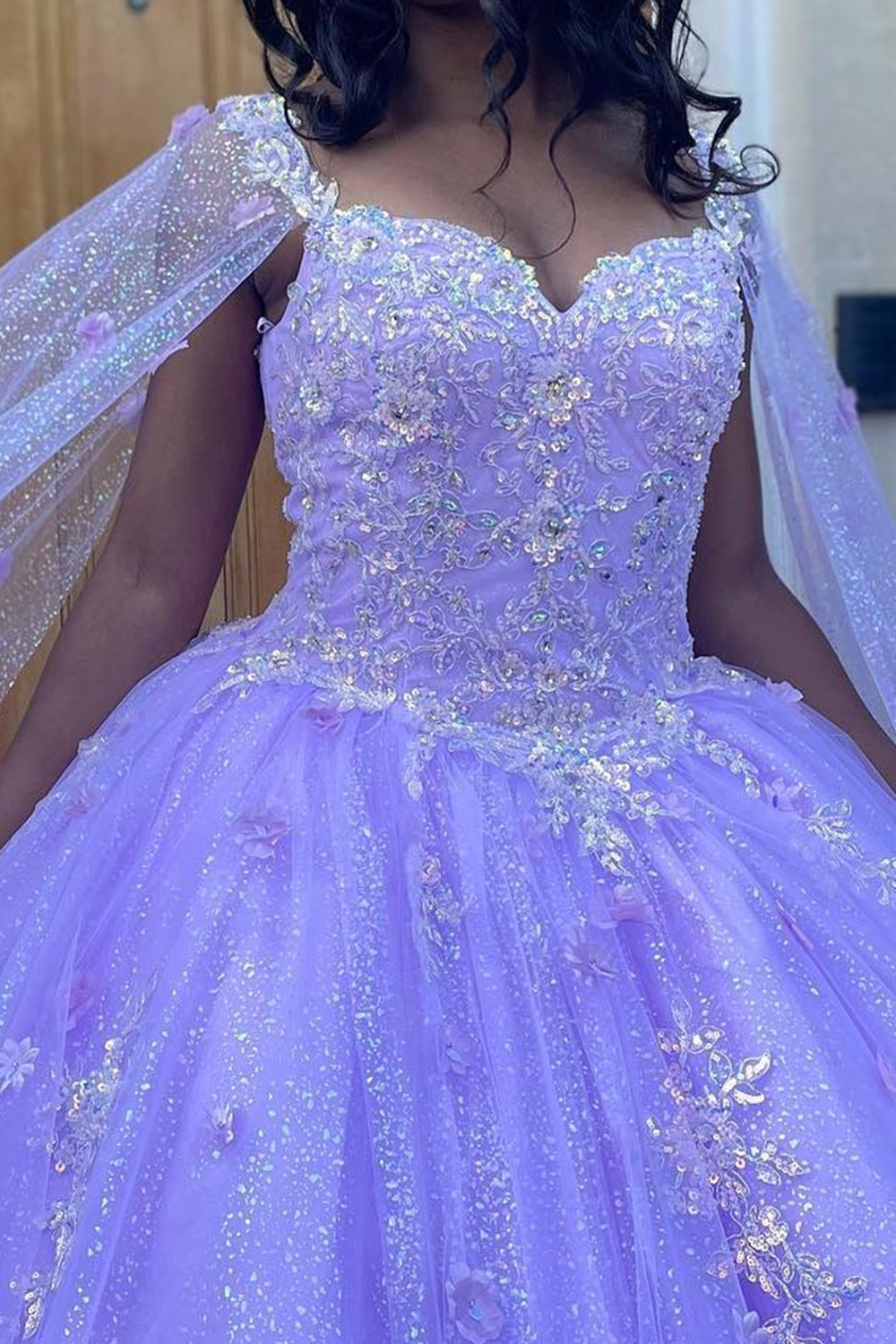 Lilac Ball Gown Sparkly Sequin Floral Long Quinceanera Dress with Cape