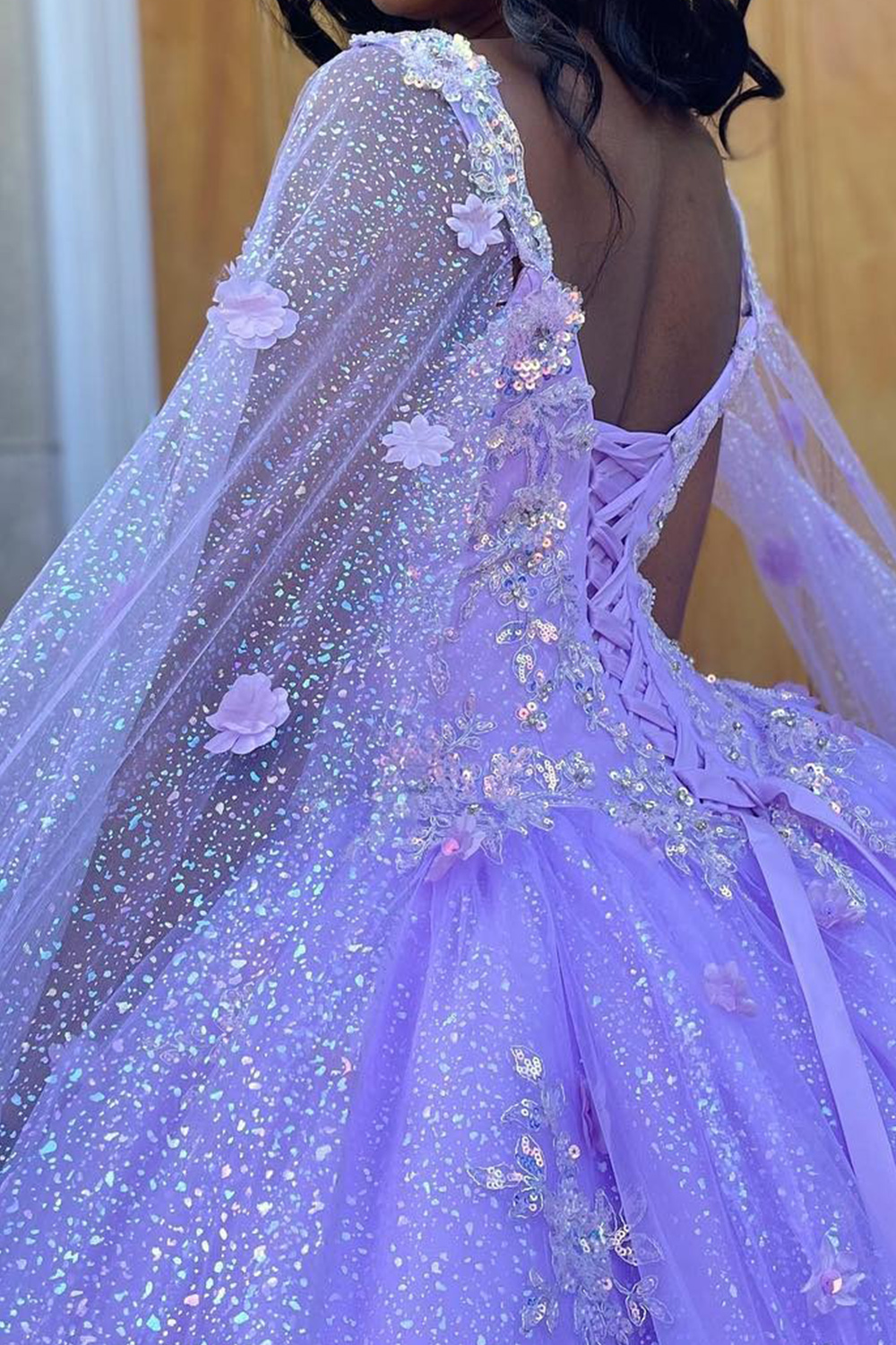 Lilac Ball Gown Sparkly Sequin Floral Long Quinceanera Dress with Cape