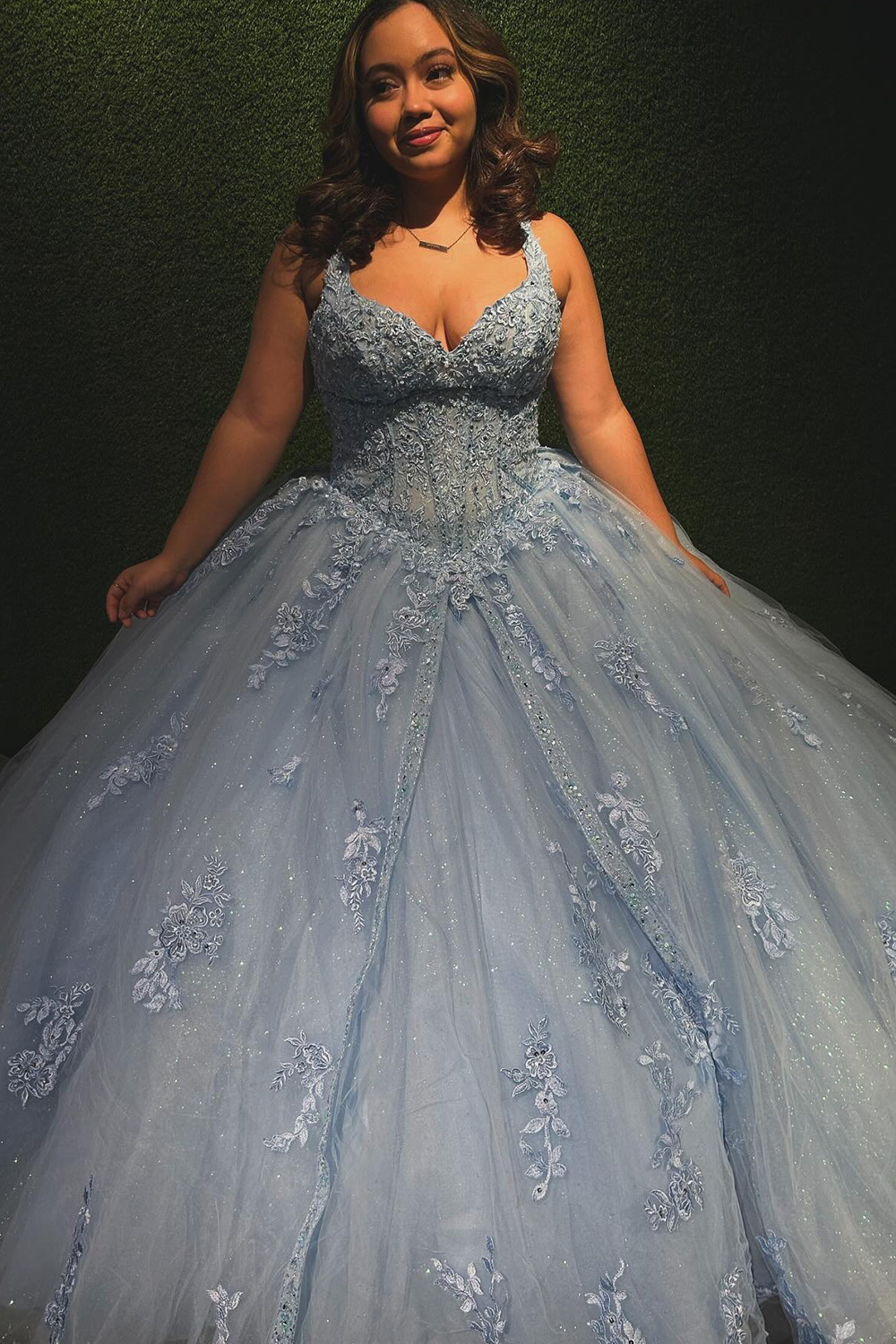 Grey Blue Sparkly Tulle Corset Floral Long Quinceanera Dress Glitter Princess Ball Gown Thick Straps Lace Up Back Sweet 16 Dress