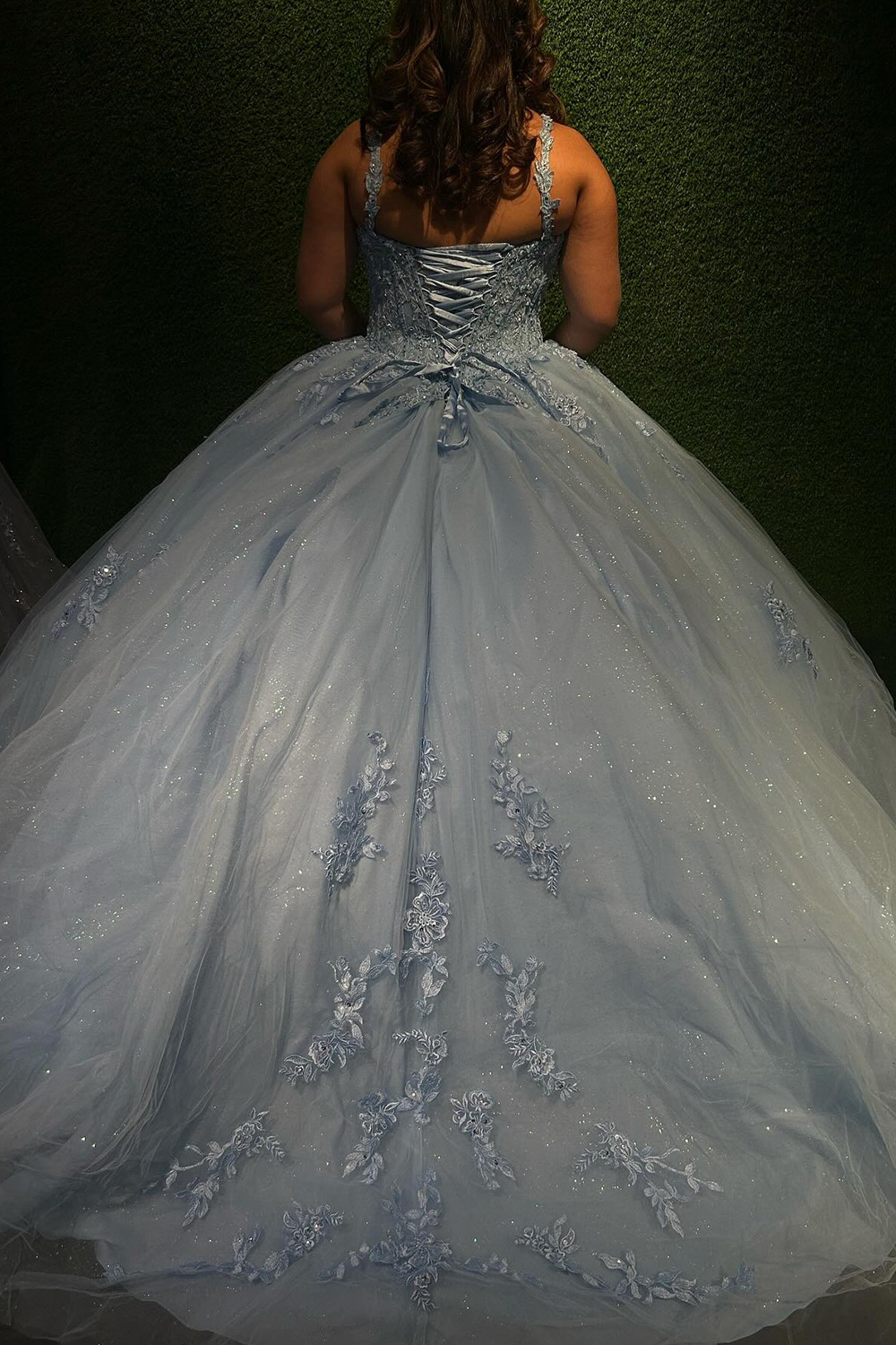 Grey Blue Floral Corset Sparkly Glitter Long Quinceanera Dress