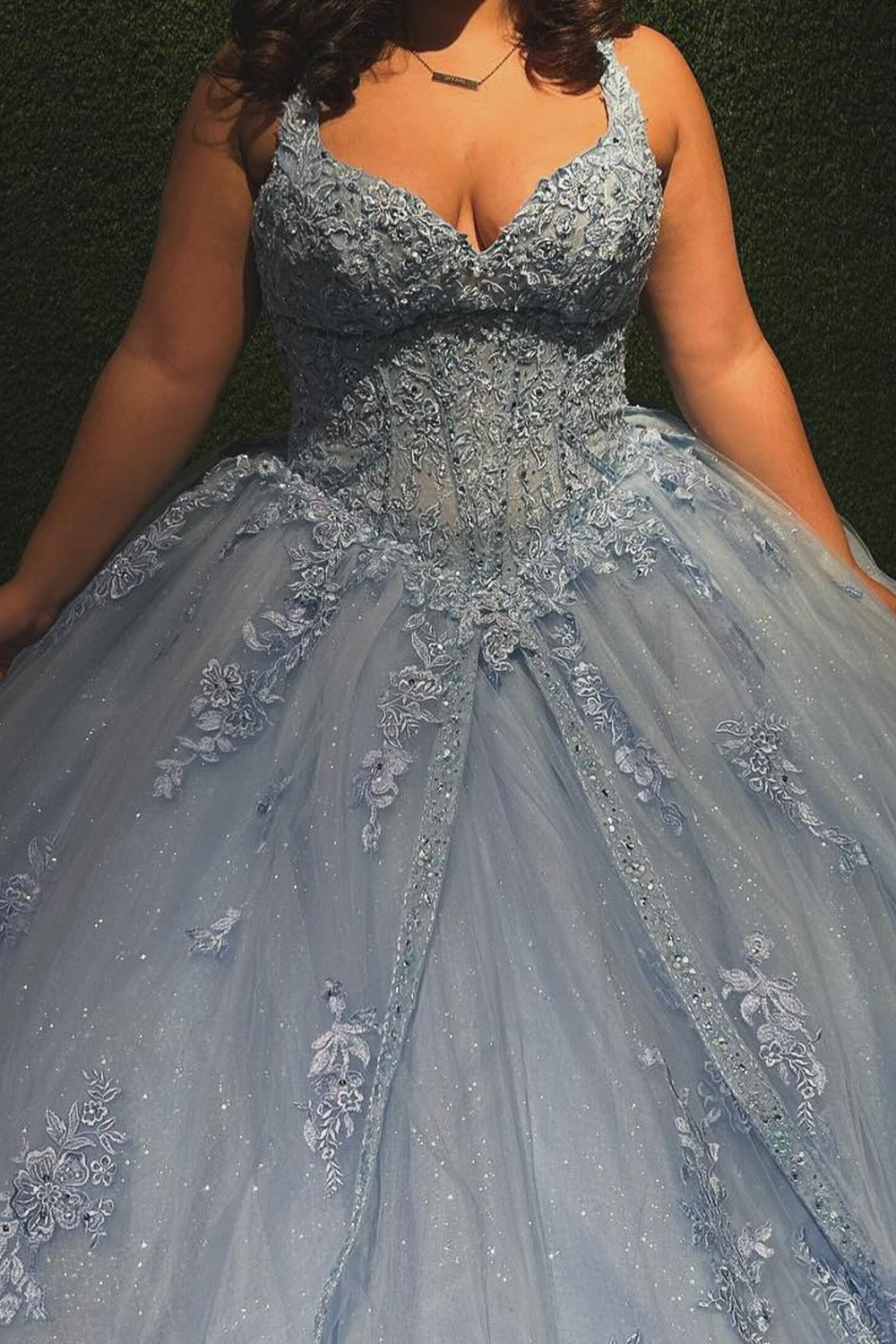 Grey Blue Floral Corset Sparkly Glitter Long Quinceanera Dress