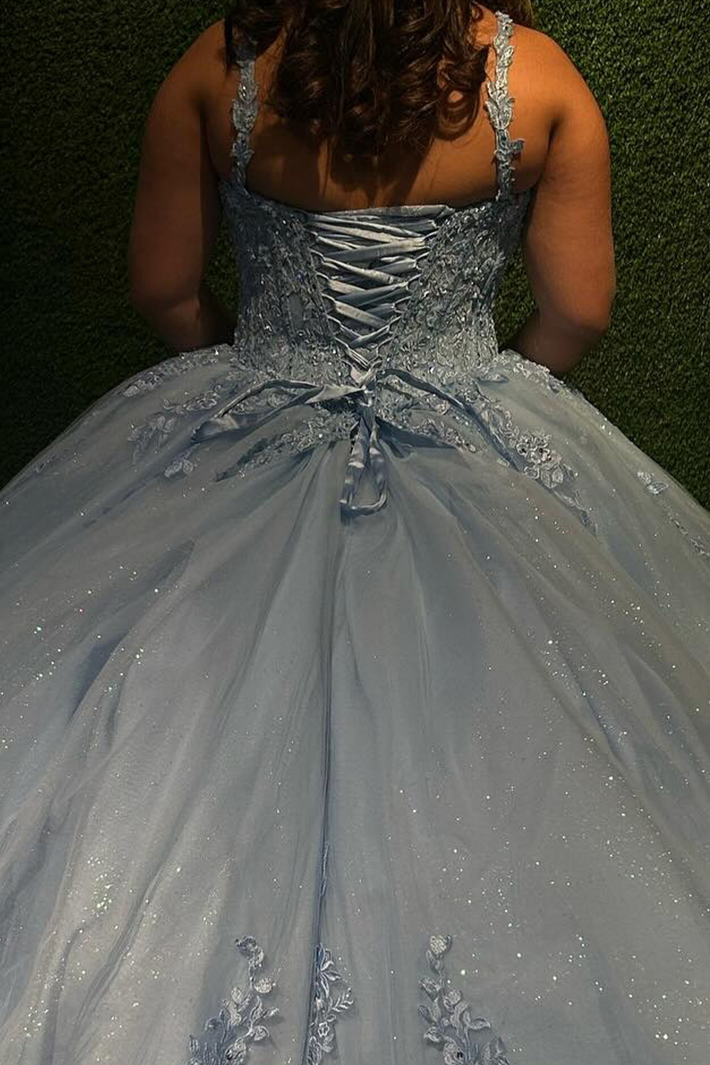 Grey Blue Floral Corset Sparkly Glitter Long Quinceanera Dress