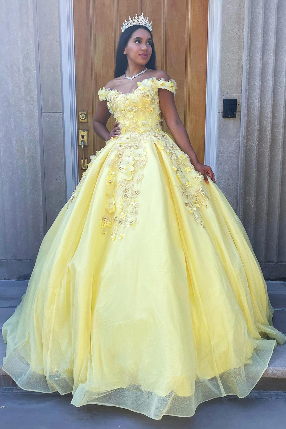 Yellow Ball Gown Off the Shoulder Floral Long Quinceanera Dress