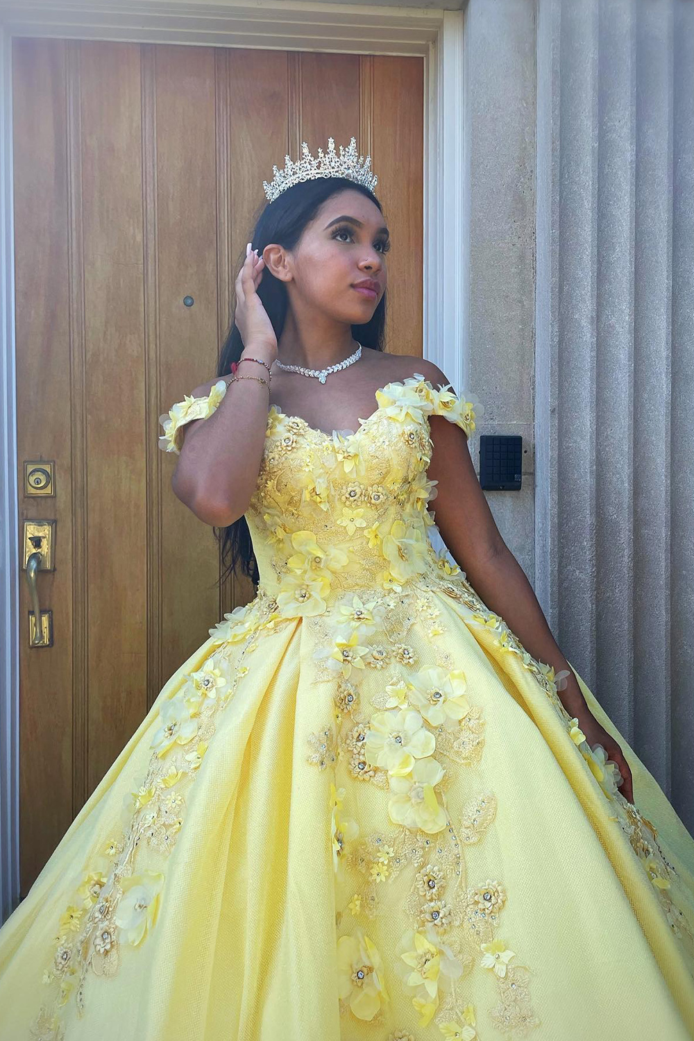 Yellow Ball Gown Off the Shoulder Floral Long Quinceanera Dress