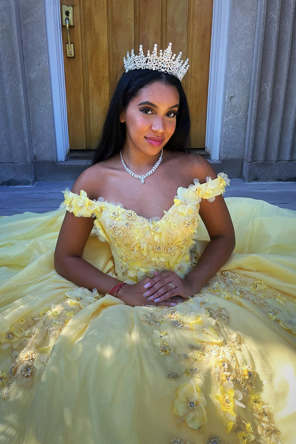 Yellow Ball Gown Off the Shoulder Floral Long Quinceanera Dress