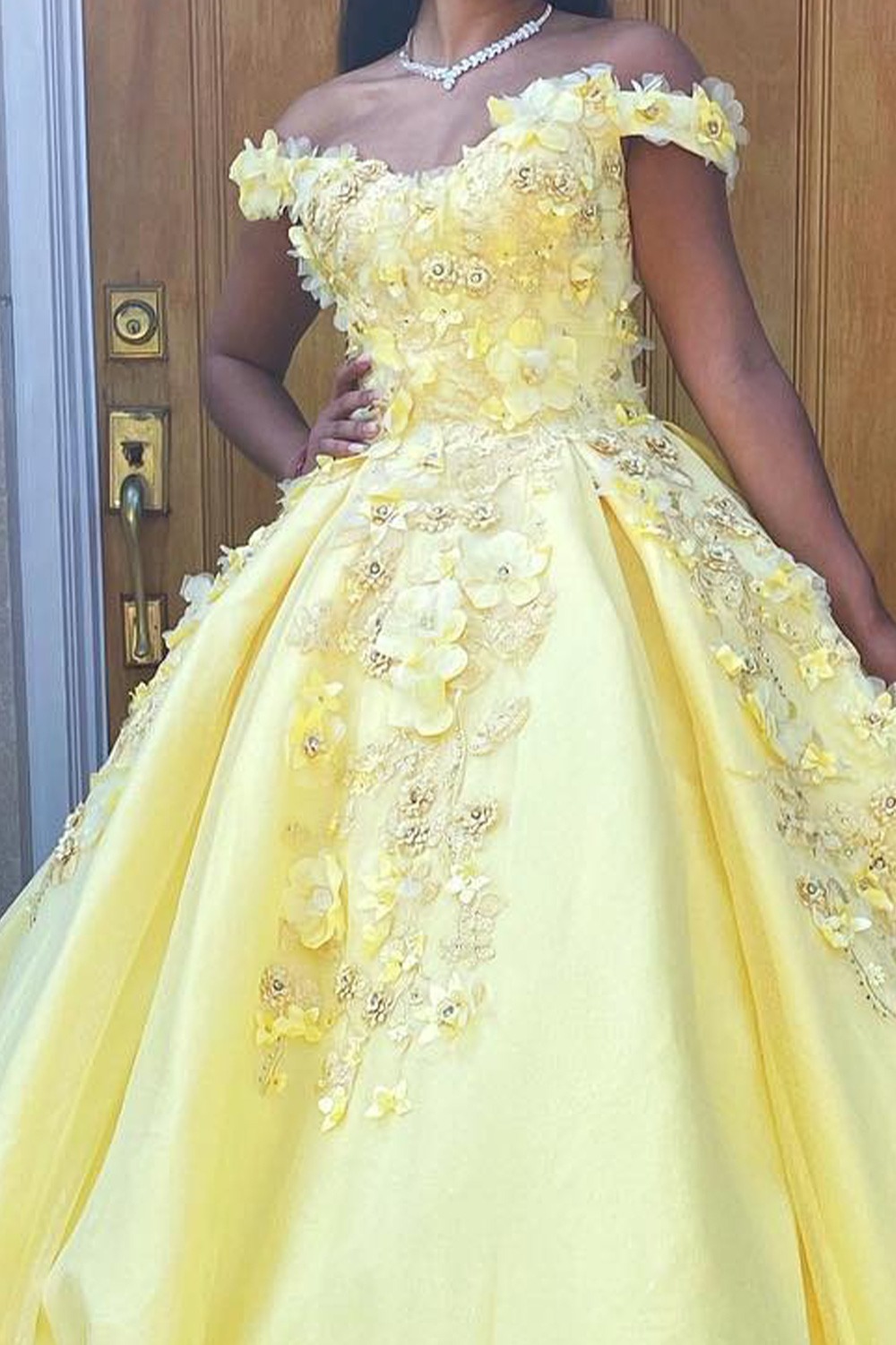 Yellow Ball Gown Off the Shoulder Floral Long Quinceanera Dress