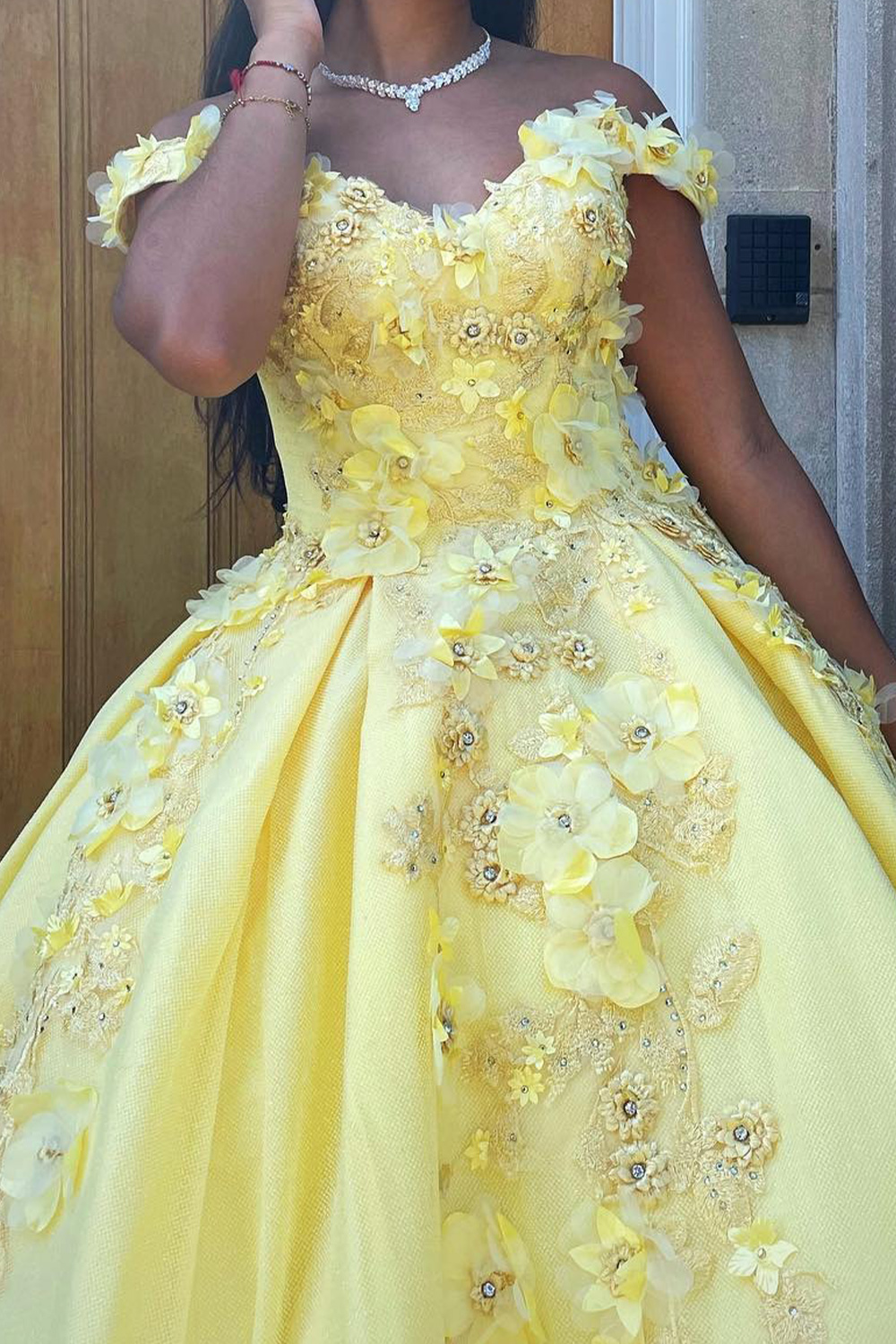 Yellow Ball Gown Off the Shoulder Floral Long Quinceanera Dress