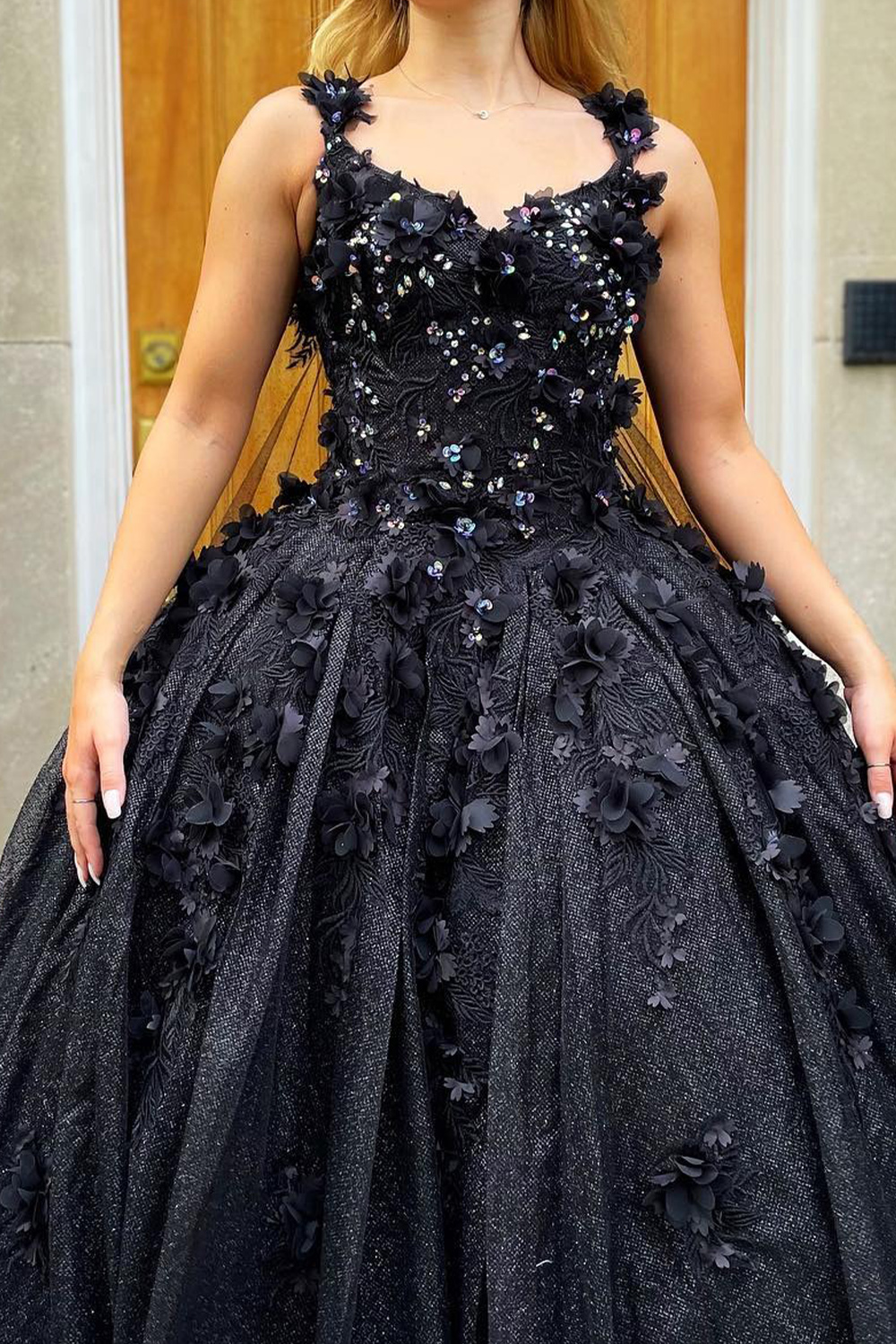 Black Floral Sparkly Sequin Princess Ball Gown Long Quinceanera Dress