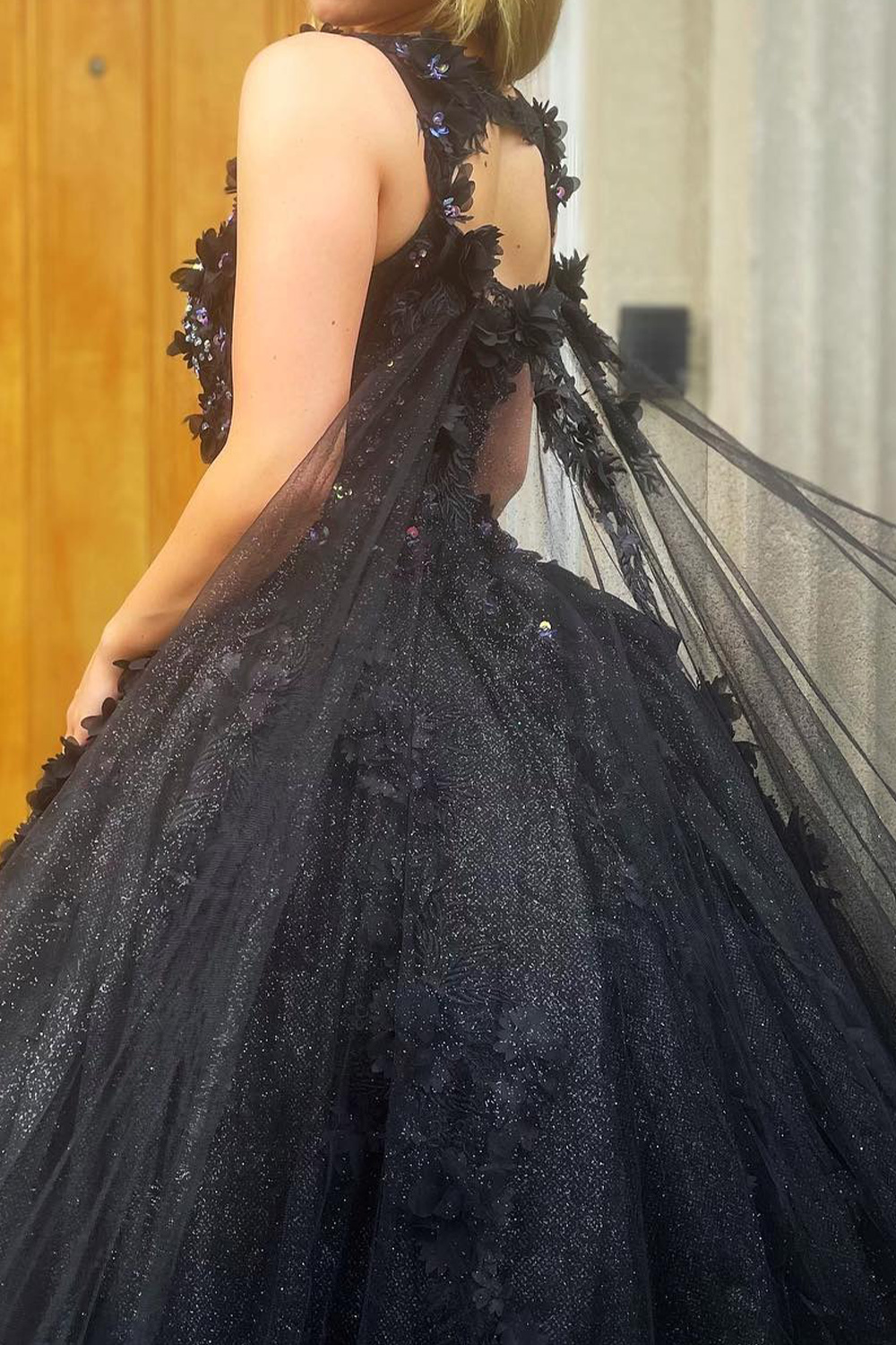 Black Floral Sparkly Sequin Princess Ball Gown Long Quinceanera Dress