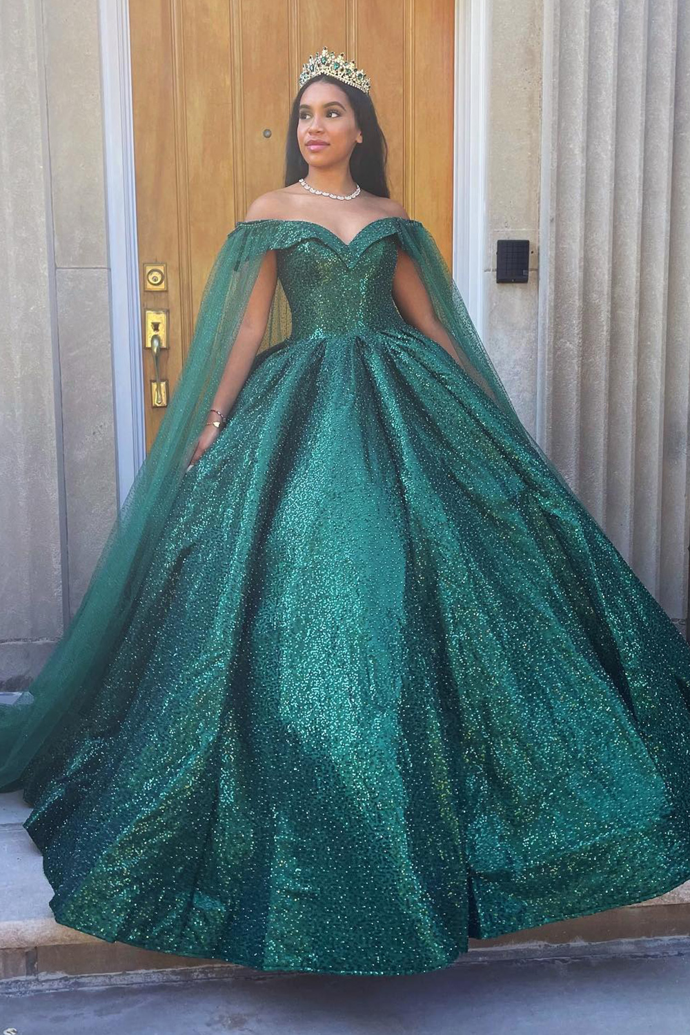 Sparkly Dark Green Ball Gown Off the Shoulder Sequins Long Quinceanera Dress with Cape