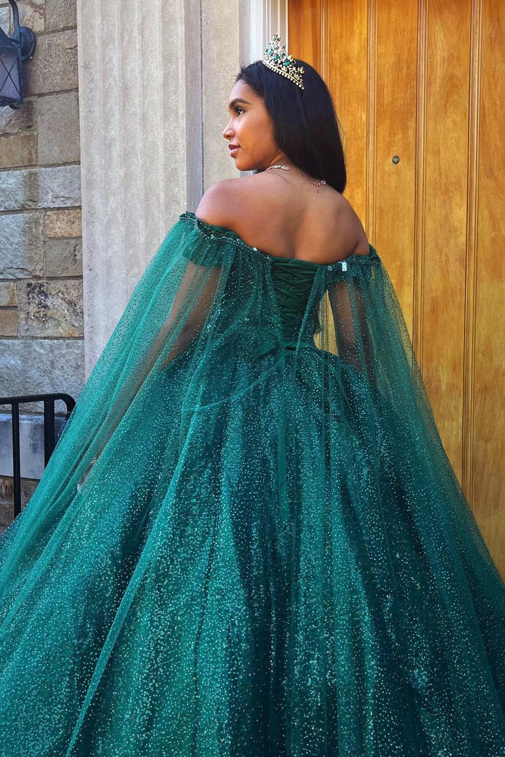 Sparkly Dark Green Ball Gown Off the Shoulder Sequins Long Quinceanera Dress with Cape