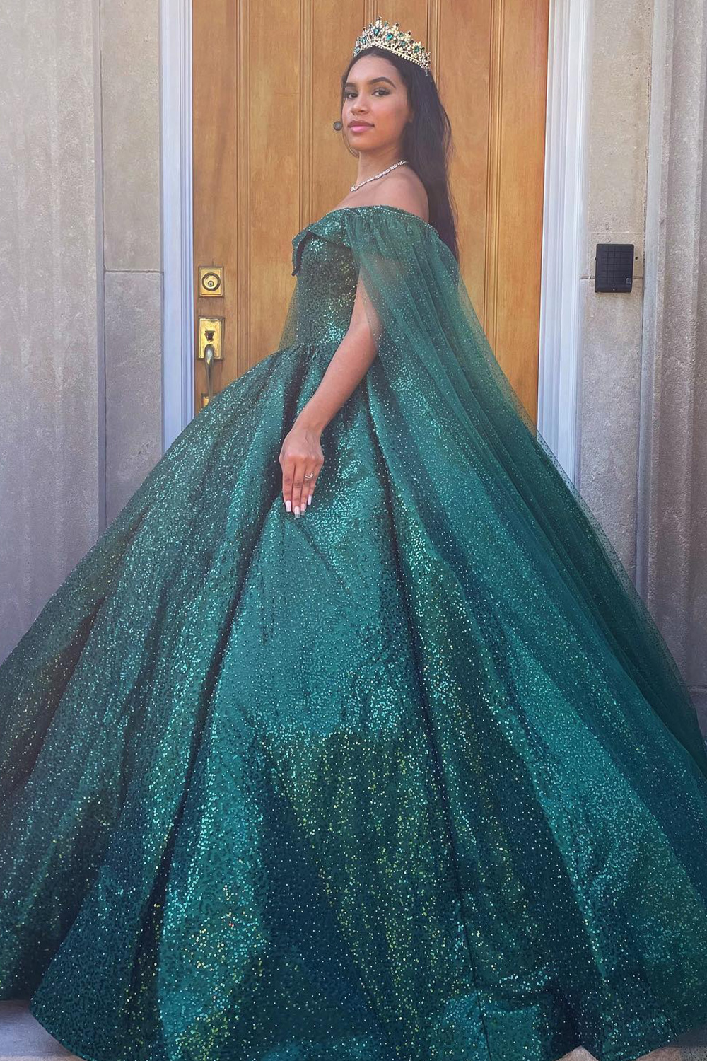 Sparkly Dark Green Ball Gown Off the Shoulder Sequins Long Quinceanera Dress with Cape