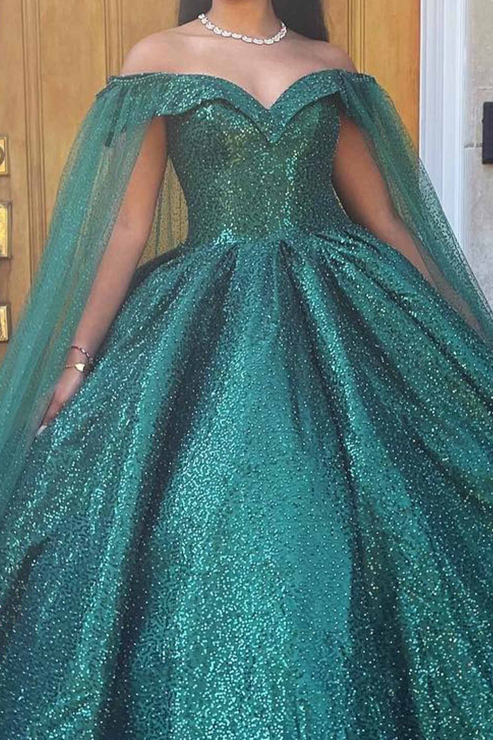 Sparkly Dark Green Ball Gown Off the Shoulder Sequins Long Quinceanera Dress with Cape