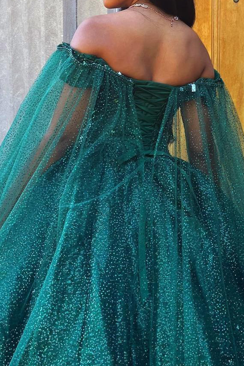 Sparkly Dark Green Ball Gown Off the Shoulder Sequins Long Quinceanera Dress with Cape