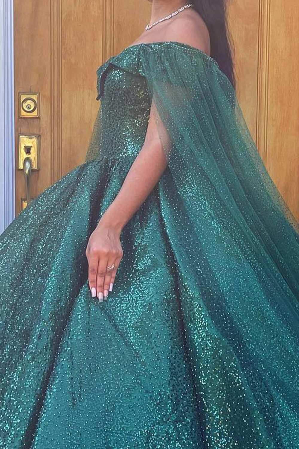 Sparkly Dark Green Ball Gown Off the Shoulder Sequins Long Quinceanera Dress with Cape