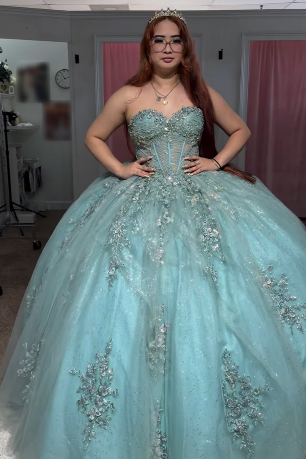 Mint Corset Ball Gown Strapless Appliqued Long Quinceanera Dress with Beading
