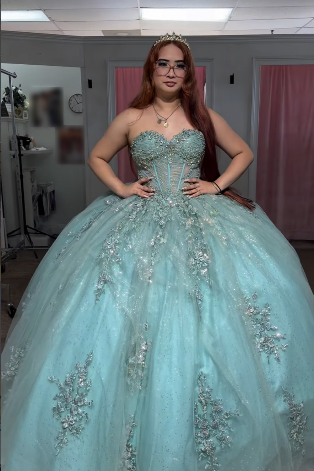 Mint Corset Ball Gown Strapless Appliqued Long Quinceanera Dress with Beading