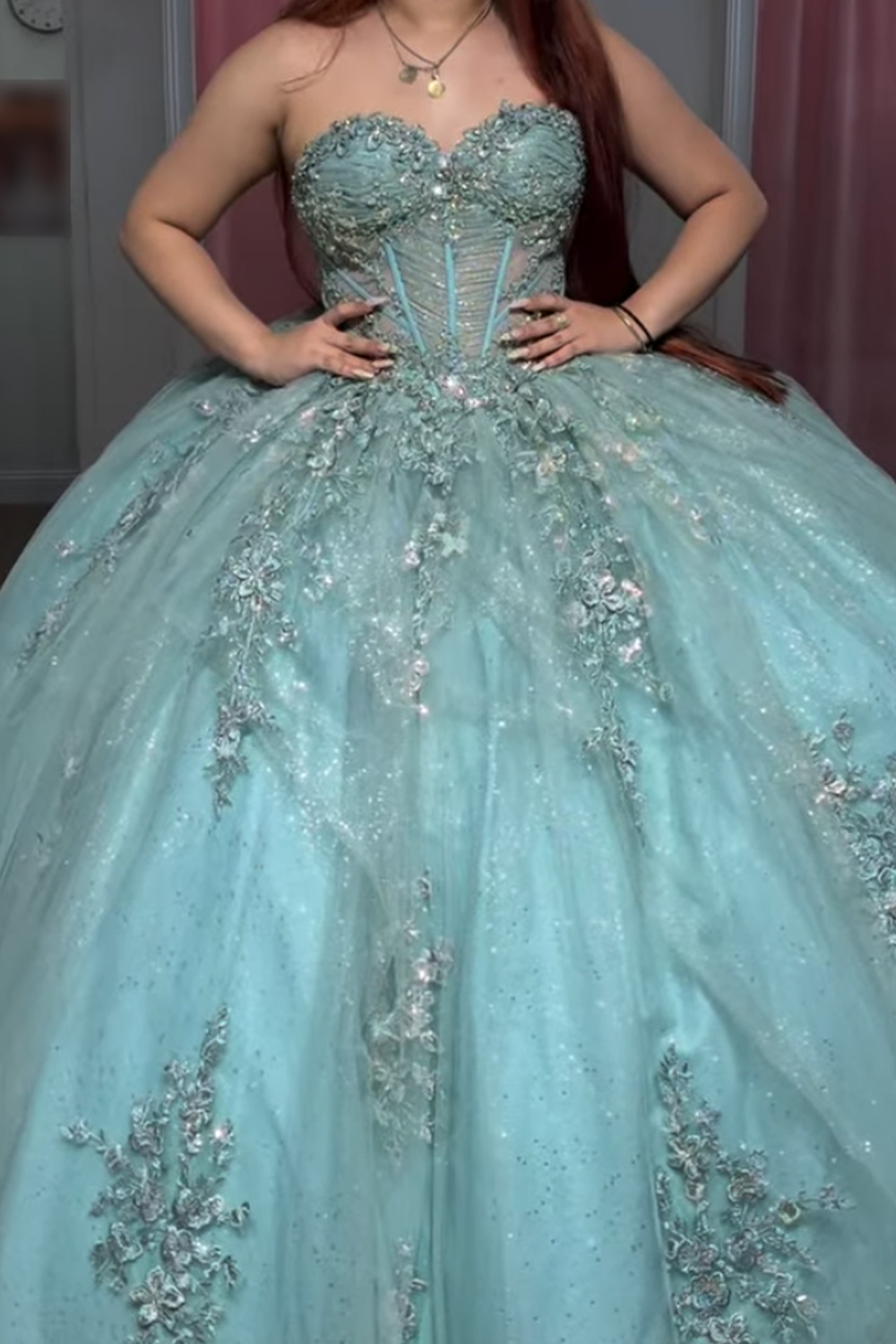 Mint Corset Ball Gown Strapless Appliqued Long Quinceanera Dress with Beading