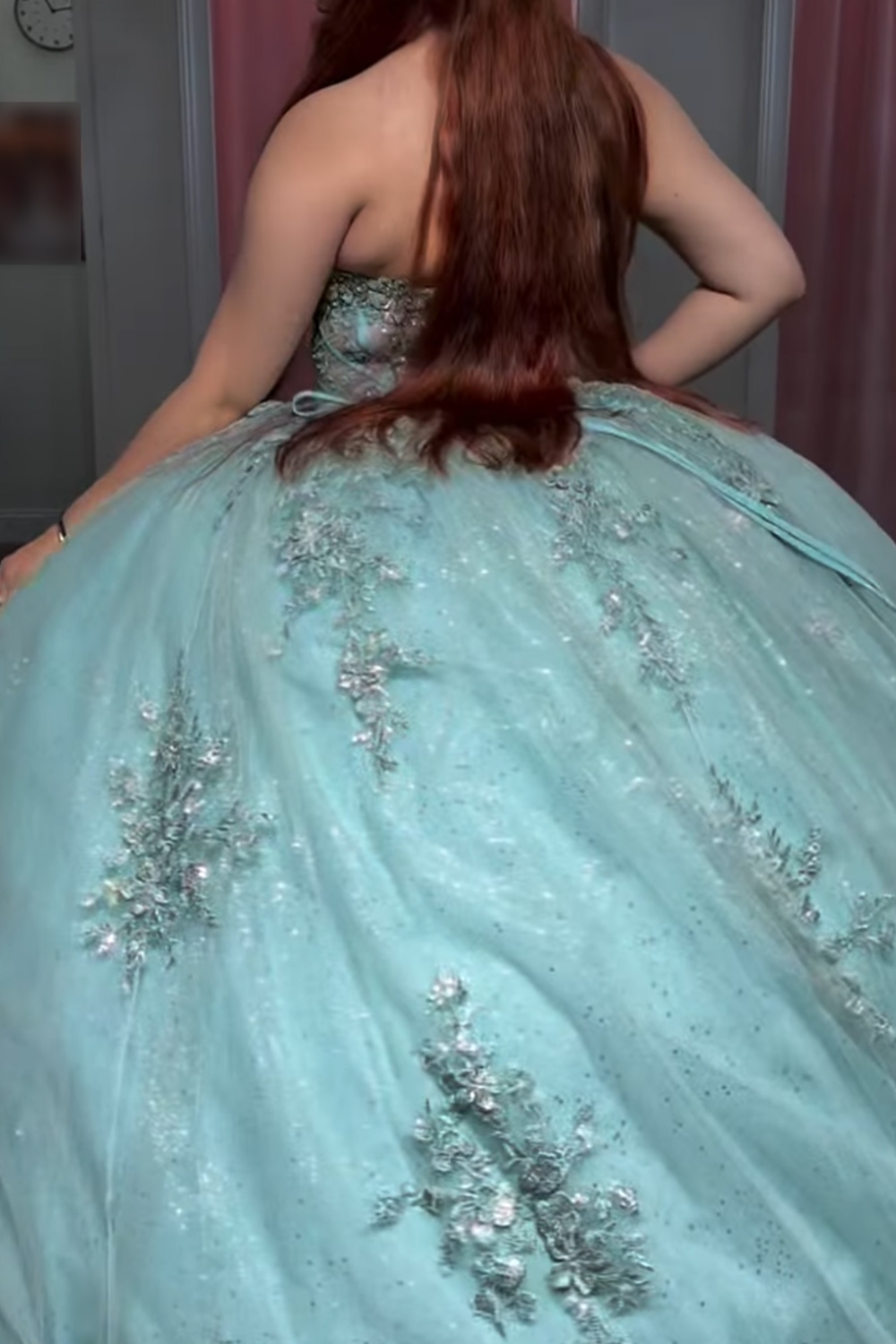 Mint Corset Ball Gown Strapless Appliqued Long Quinceanera Dress with Beading