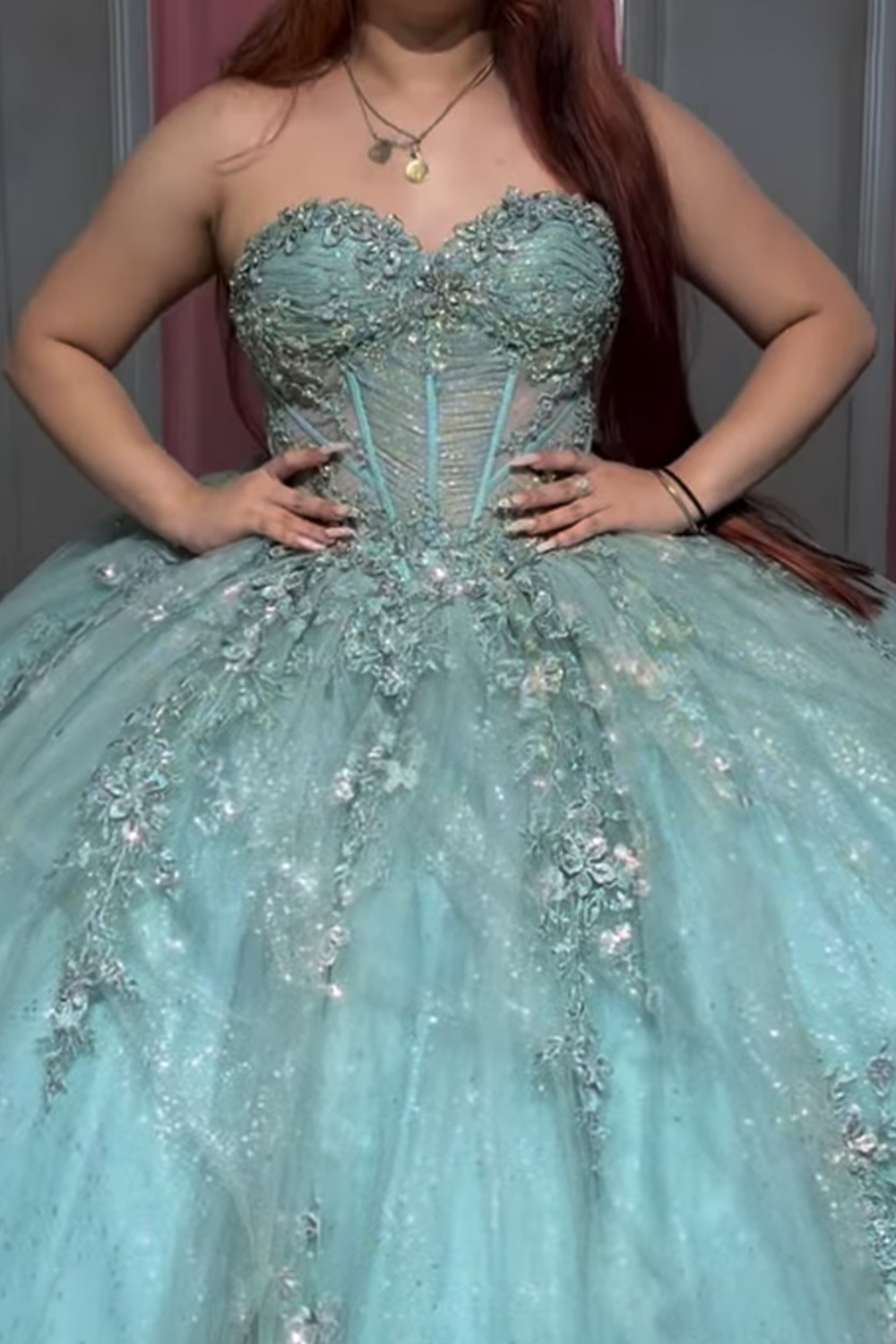 Mint Corset Ball Gown Strapless Appliqued Long Quinceanera Dress with Beading
