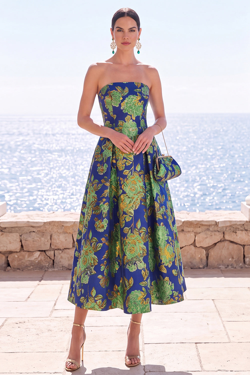 Pink Flower A Line Strapless Midi Formal Dress