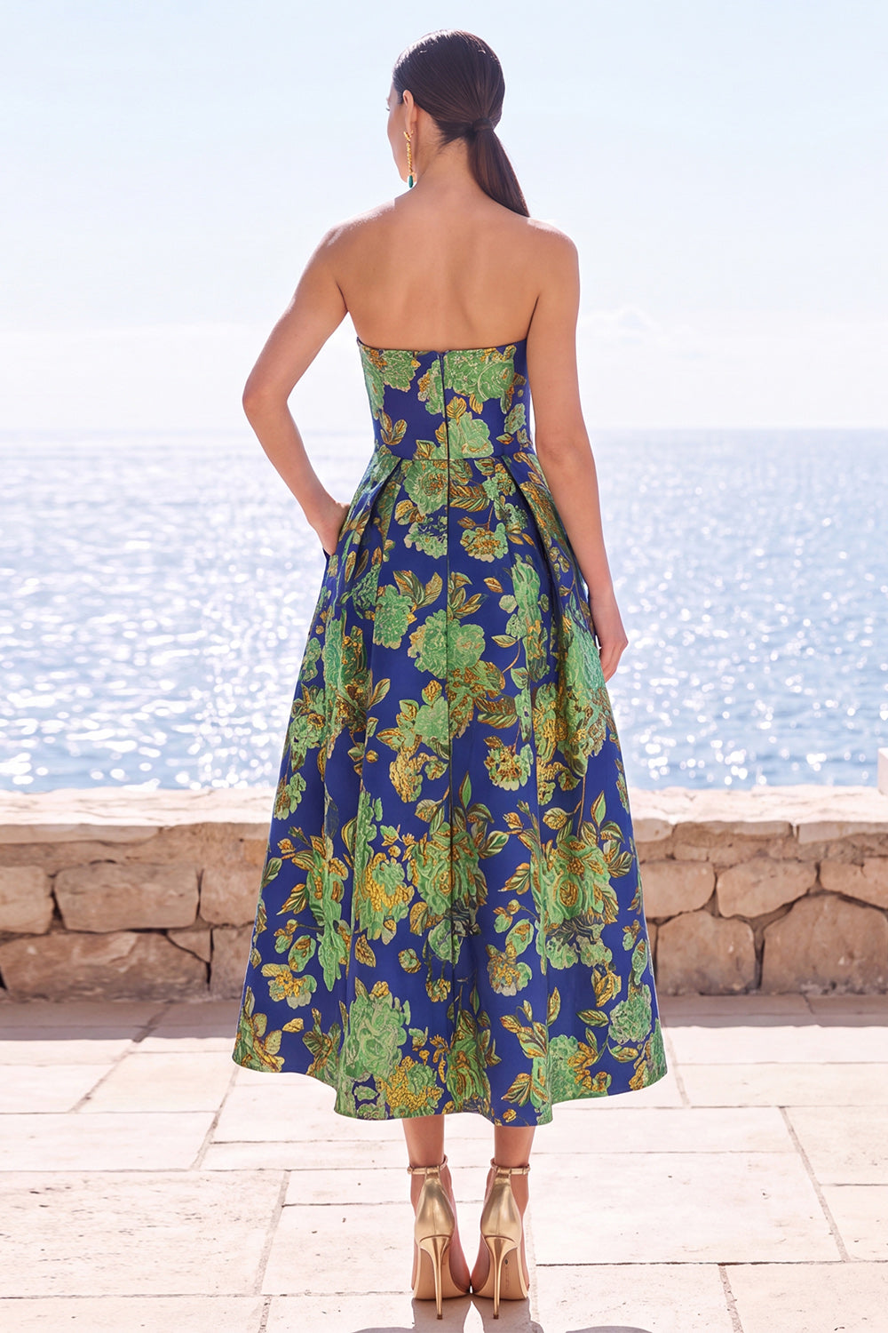 Pink Flower A Line Strapless Midi Formal Dress