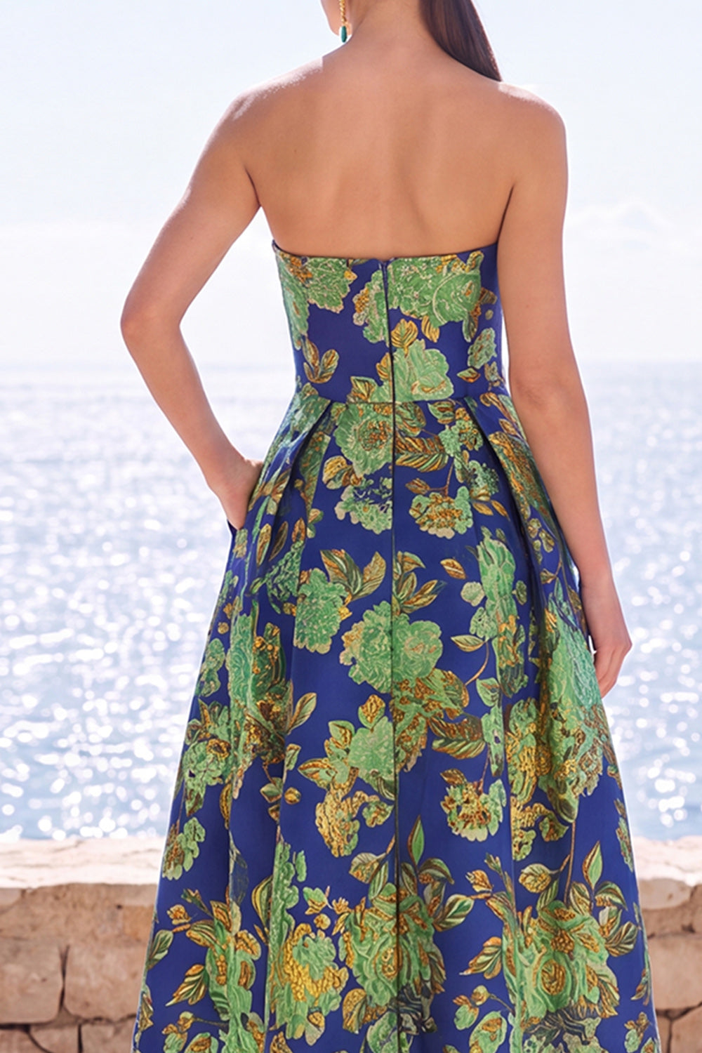 Pink Flower A Line Strapless Midi Formal Dress